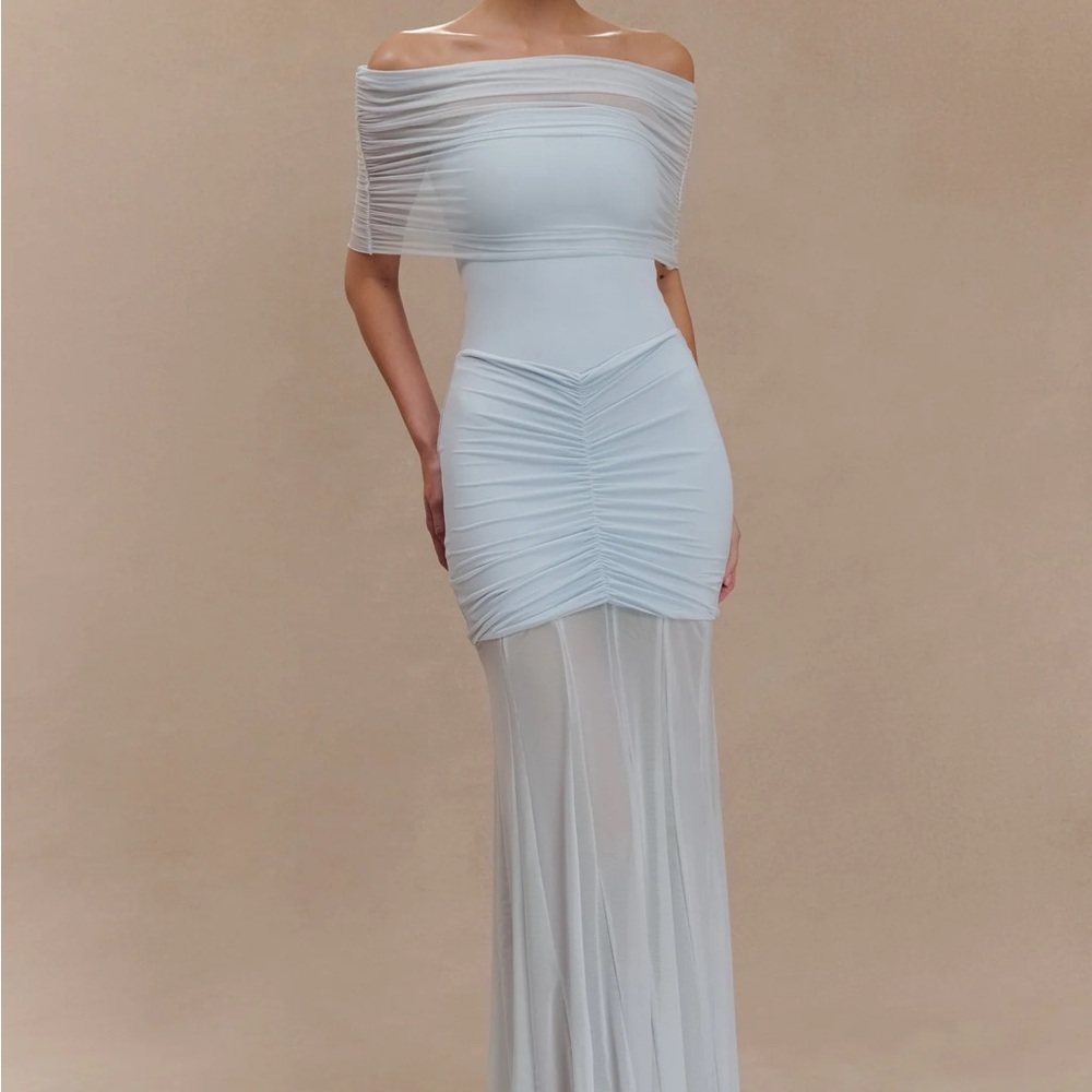 Meshki Caspian Slinky and mesh off the shoulder maxi dress- Pale blue